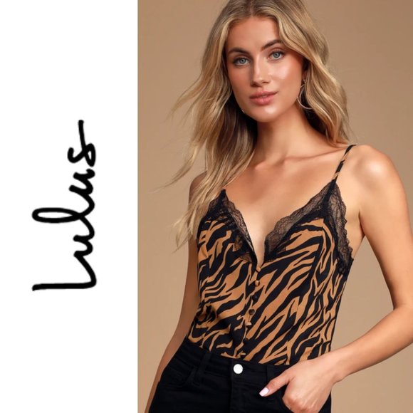 Lulus Tops - Tiger Print Lace Button-Front Cropped Cami Top